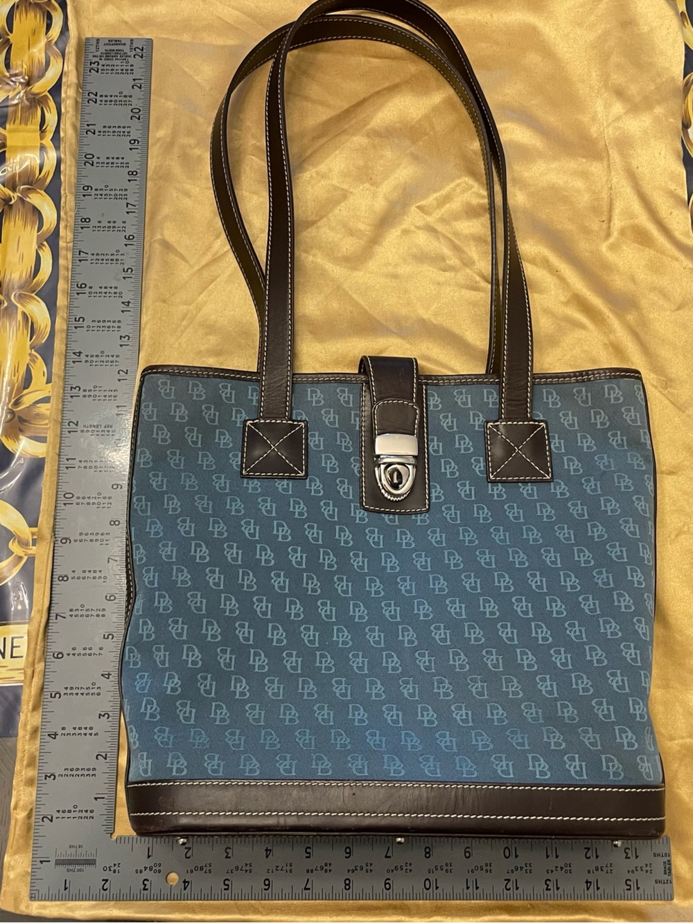 Dooney & Bourke Blue Canvas Tote with Dark Brown Trim w\pouch